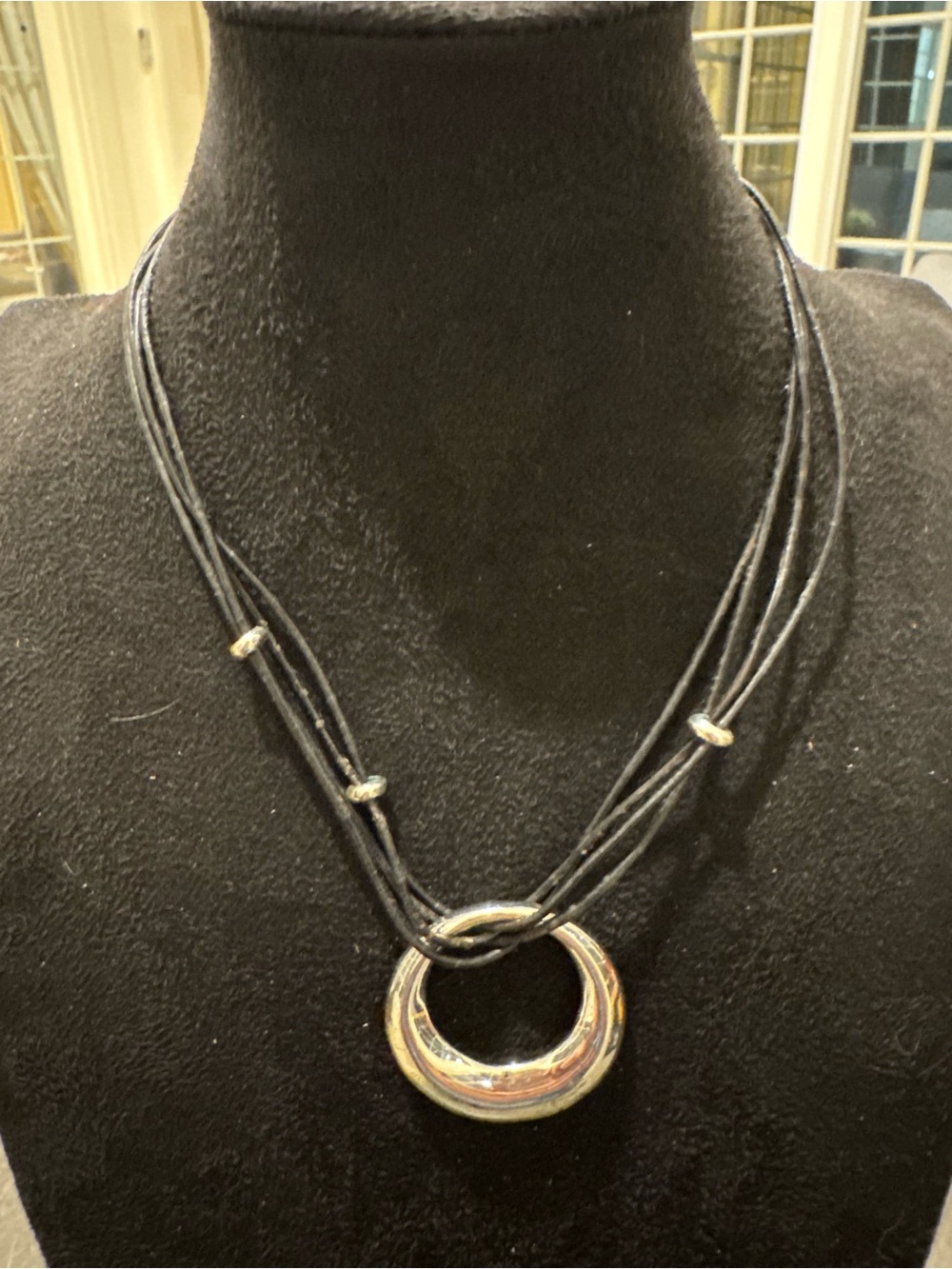 Chico’s Black Multi Strand Cord Silver Tone Circle Pendant Necklace